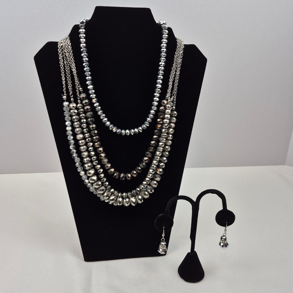 Party Glam 2 Necklace & Earrings Set Multi-Strand Silver Beads Cocktail Sparkle‎